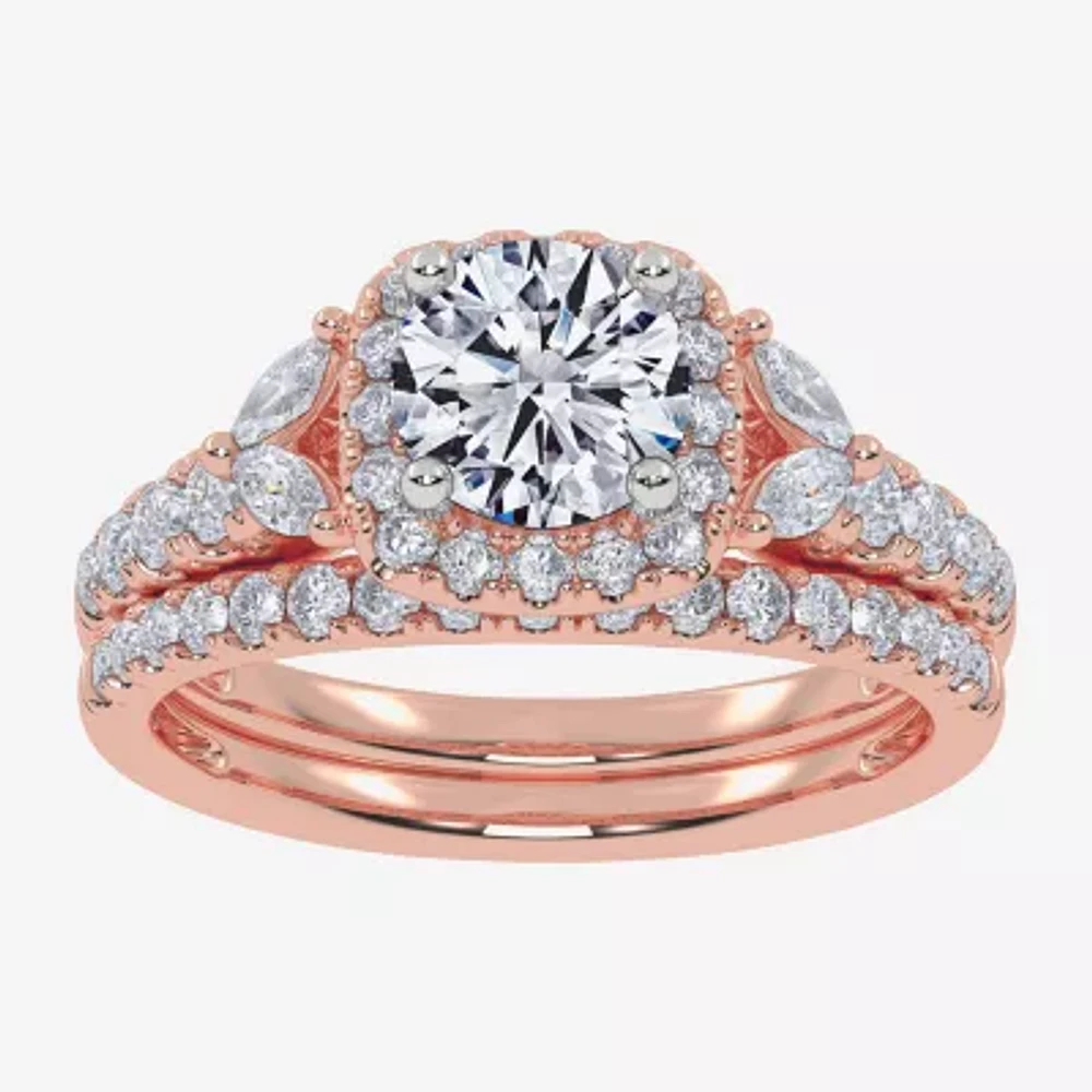 Signature By Modern Bride (G-H,Vs2-Si1) Womens 1 1/2 CT. T.W. Lab Grown White Diamond 14K Rose Gold Round Side Stone Halo Engagement Ring