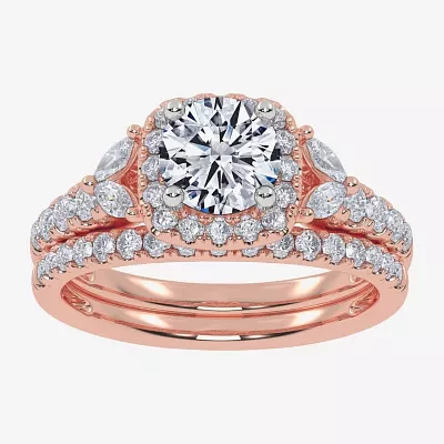 Signature By Modern Bride (G-H,Vs2-Si1) Womens 1 1/2 CT. T.W. Lab Grown White Diamond 14K Rose Gold Round Side Stone Halo Engagement Ring