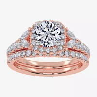 Signature By Modern Bride (G-H,Vs2-Si1) Womens 1 1/2 CT. T.W. Lab Grown White Diamond 14K Rose Gold Round Side Stone Halo Engagement Ring