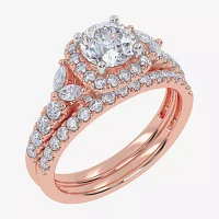 Signature By Modern Bride (G-H,Vs2-Si1) Womens 1 1/2 CT. T.W. Lab Grown White Diamond 14K Rose Gold Round Side Stone Halo Engagement Ring