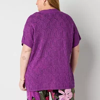 Liz Claiborne Plus Womens Short Sleeve Open Front Cardigan