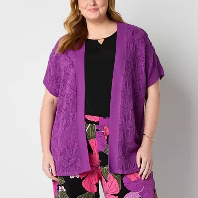 Liz Claiborne Plus Womens Short Sleeve Open Front Cardigan