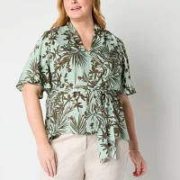 Liz Claiborne Plus Womens V Neck Short Sleeve Satin Blouse