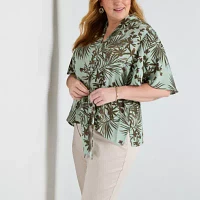 Liz Claiborne Plus Womens V Neck Short Sleeve Satin Blouse