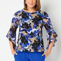 Black Label by Evan-Picone Floral Womens Crew Neck 3/4 Sleeve Blouse