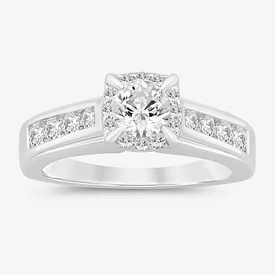 (I / Si2) Womens 1 CT. T.W. Lab Grown White Diamond 10K Gold Round Side Stone Halo Engagement Ring