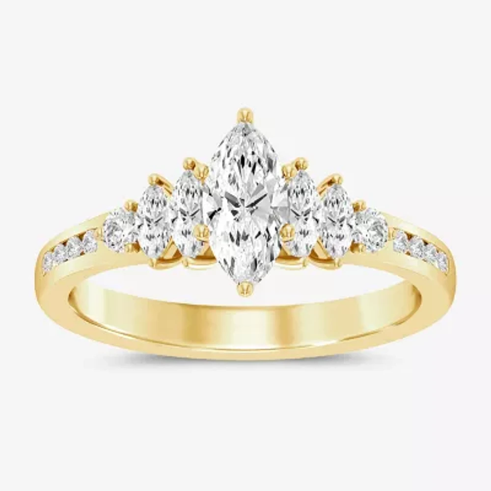 (I / Si2) Womens 1 CT. T.W. Lab Grown White Diamond 10K Gold Marquise Side Stone Engagement Ring