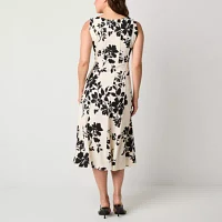 Perceptions Womens Sleeveless Floral Midi Fit + Flare Dress