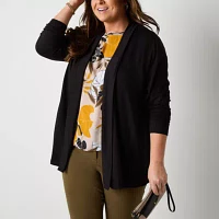 Liz Claiborne Plus Womens Long Sleeve Open Front Cardigan