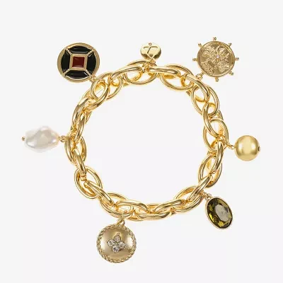 Liz Claiborne Gold Tone Nautical Womens Glass Simulated Pearl Charm Bracelet