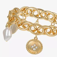 Liz Claiborne Gold Tone Nautical Womens Glass Simulated Pearl Charm Bracelet