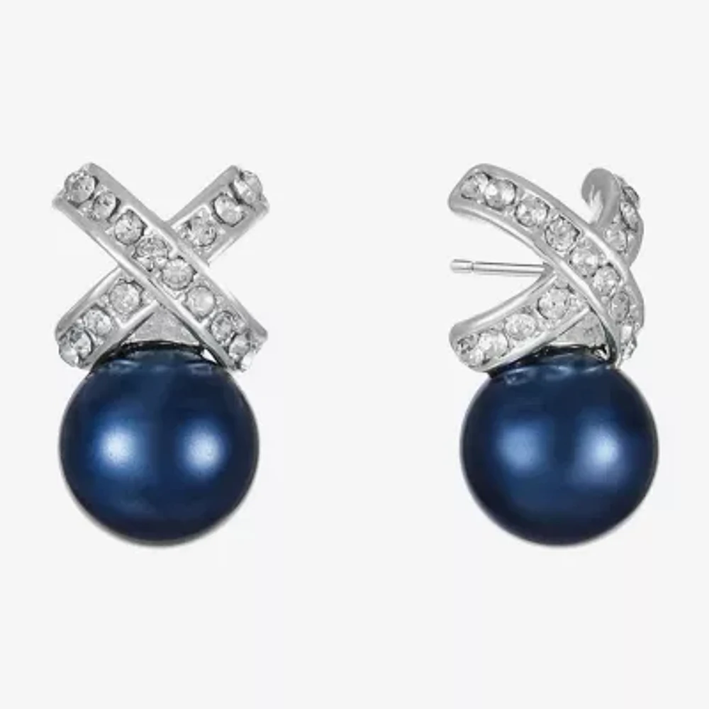 Monet Jewelry Timeless Silver Tone & Navy Glass Simulated Pearl 19.2mm Knot Stud Earrings