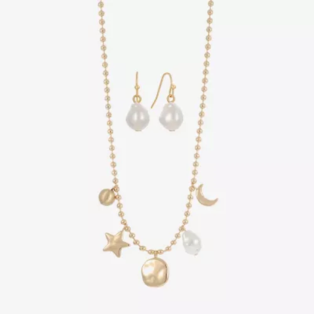 Liz Claiborne Gold Tone Charm Necklace & Drop Earring Womens Simulated Pearl Moon Star 2-pc. Jewelry Set