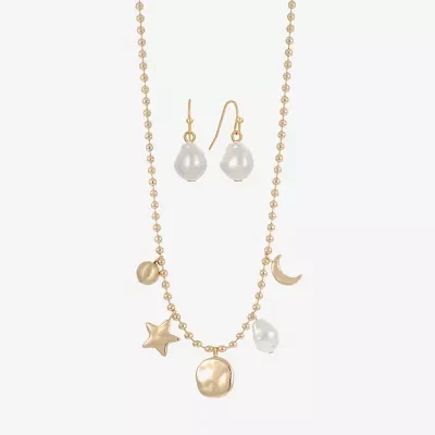 Liz Claiborne Gold Tone Charm Necklace & Drop Earring Womens Simulated Pearl Moon Star 2-pc. Jewelry Set