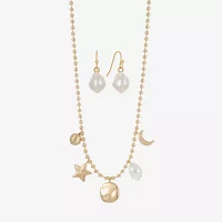 Liz Claiborne Gold Tone Charm Necklace & Drop Earring Womens Simulated Pearl Moon Star 2-pc. Jewelry Set