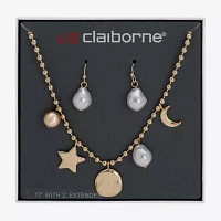 Liz Claiborne Gold Tone Charm Necklace & Drop Earring Womens Simulated Pearl Moon Star 2-pc. Jewelry Set