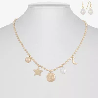 Liz Claiborne Gold Tone Charm Necklace & Drop Earring Womens Simulated Pearl Moon Star 2-pc. Jewelry Set