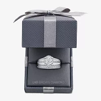 G / Si1-Si2) Womens 1 1/2 CT. T.W. Lab Grown White Diamond 10K White Gold Oval Side Stone Halo Bridal Set