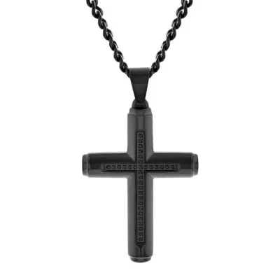 Mens 1/7 CT. T.W. Mined Black Diamond Stainless Steel Cross Pendant Necklace