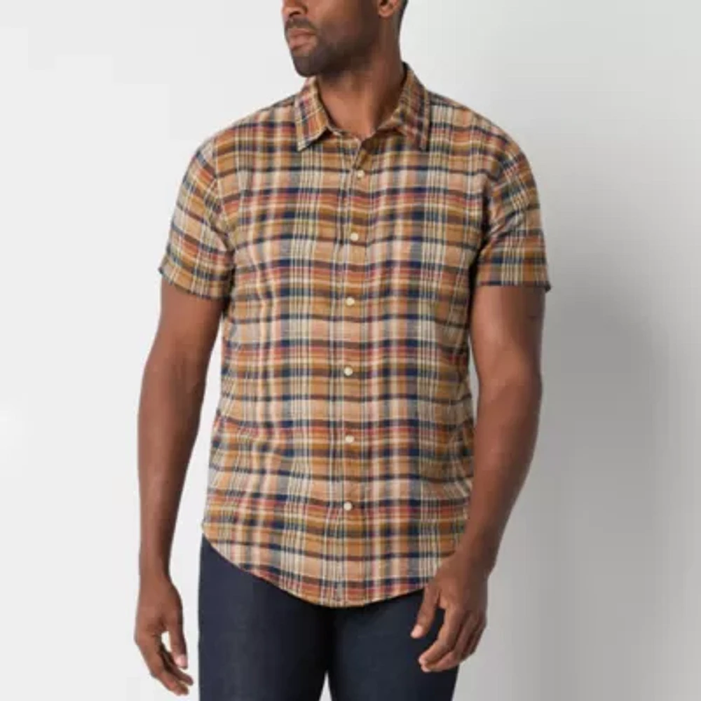 mutual weave Mens Short Sleeve Linen Blend Plaid Button-Down Shirt