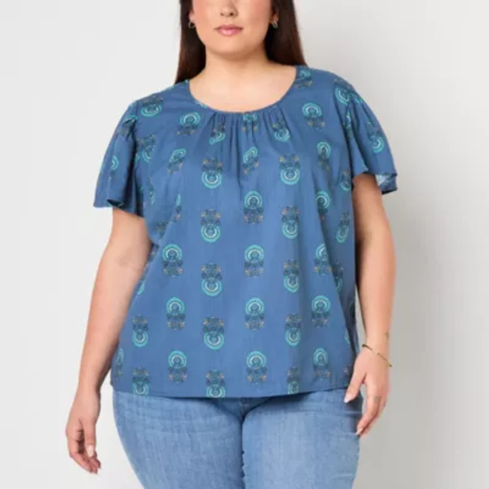 St. John's Bay Plus Womens Crew Neck Short Sleeve Blouse