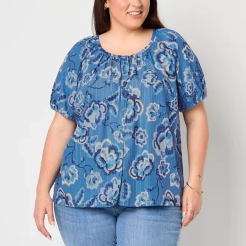 St. John's Bay Plus Womens Round Neck Short Sleeve Blouse