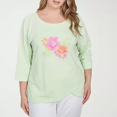 Hearts Of Palm Plus Womens Crew Neck 3/4 Sleeve Graphic T-Shirt