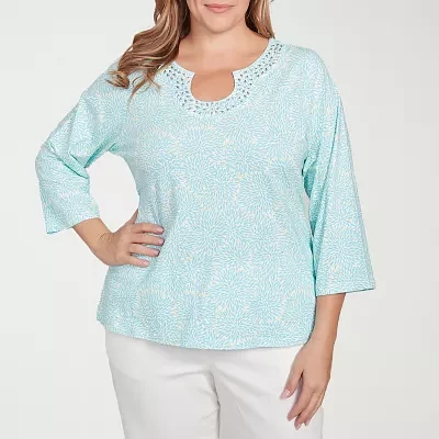 Hearts Of Palm Womens Plus Split Crew Neck 3/4 Sleeve T-Shirt