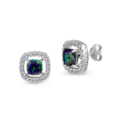 Cushion Simulated Green Mystic Fire Topaz Sterling Silver Stud Earrings