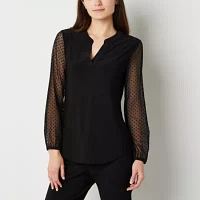 Black Label by Evan-Picone Womens Clip Dot Long Sleeve Blouse