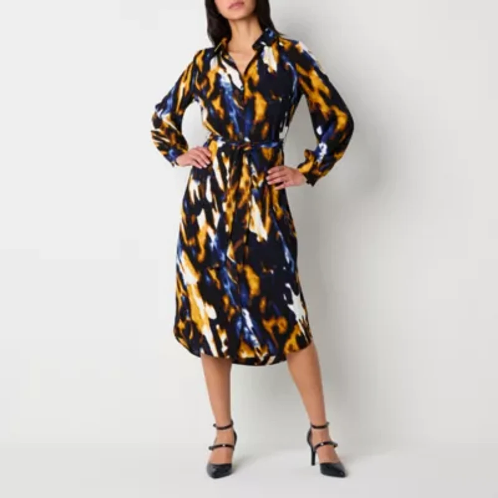 Worthington Womens Long Sleeve Animal Shirt Dress