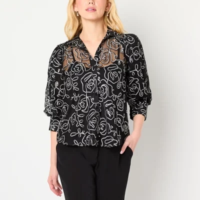 52seven Womens V Neck 3/4 Sleeve Embroidered Blouse