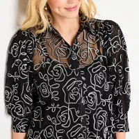 52seven Womens V Neck 3/4 Sleeve Embroidered Blouse