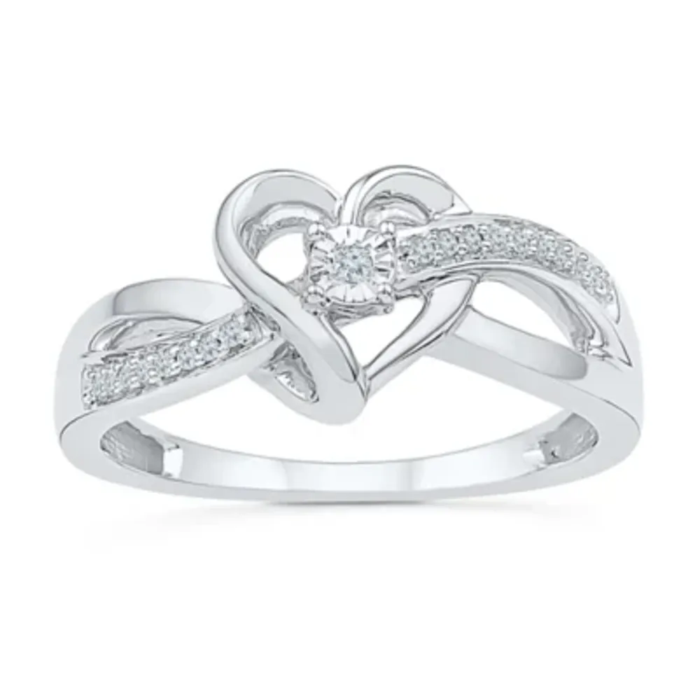 Womens Diamond Accent Natural White Sterling Silver Heart Crossover Cocktail Ring