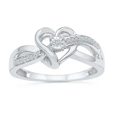 Womens Diamond Accent Natural White Sterling Silver Heart Crossover Cocktail Ring