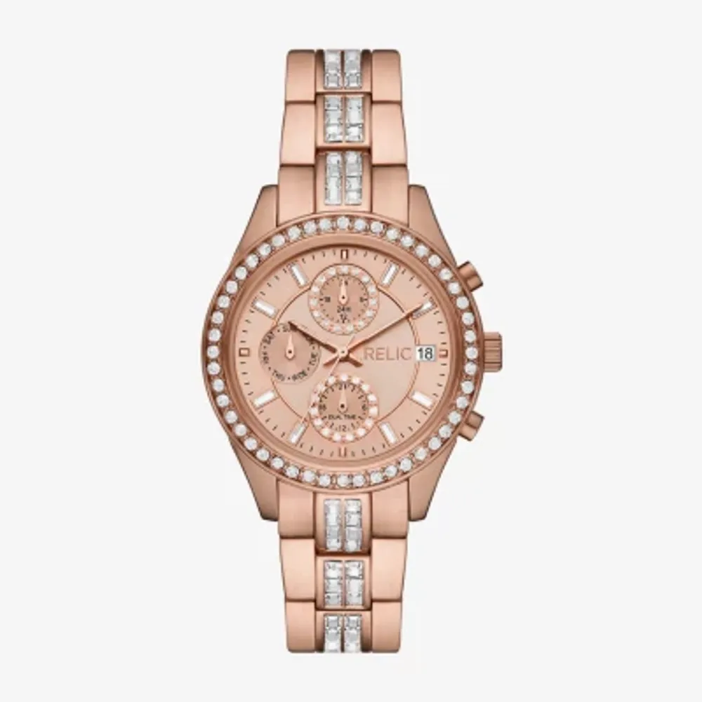 Relic By Fossil Womens Multi-Function Crystal Accent Rose Goldtone Bracelet Watch Zr15991