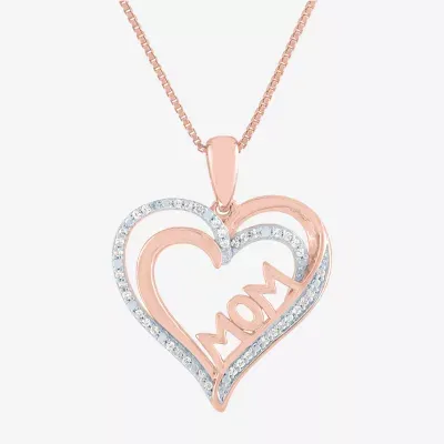 "Mom" Womens 1/10 CT. T.W. Natural White Diamond 14K Rose Gold Over Silver Heart 18 Inch Pendant Necklaces