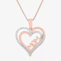 "Mom" Womens 1/10 CT. T.W. Natural White Diamond 14K Rose Gold Over Silver Heart Pendant Necklace