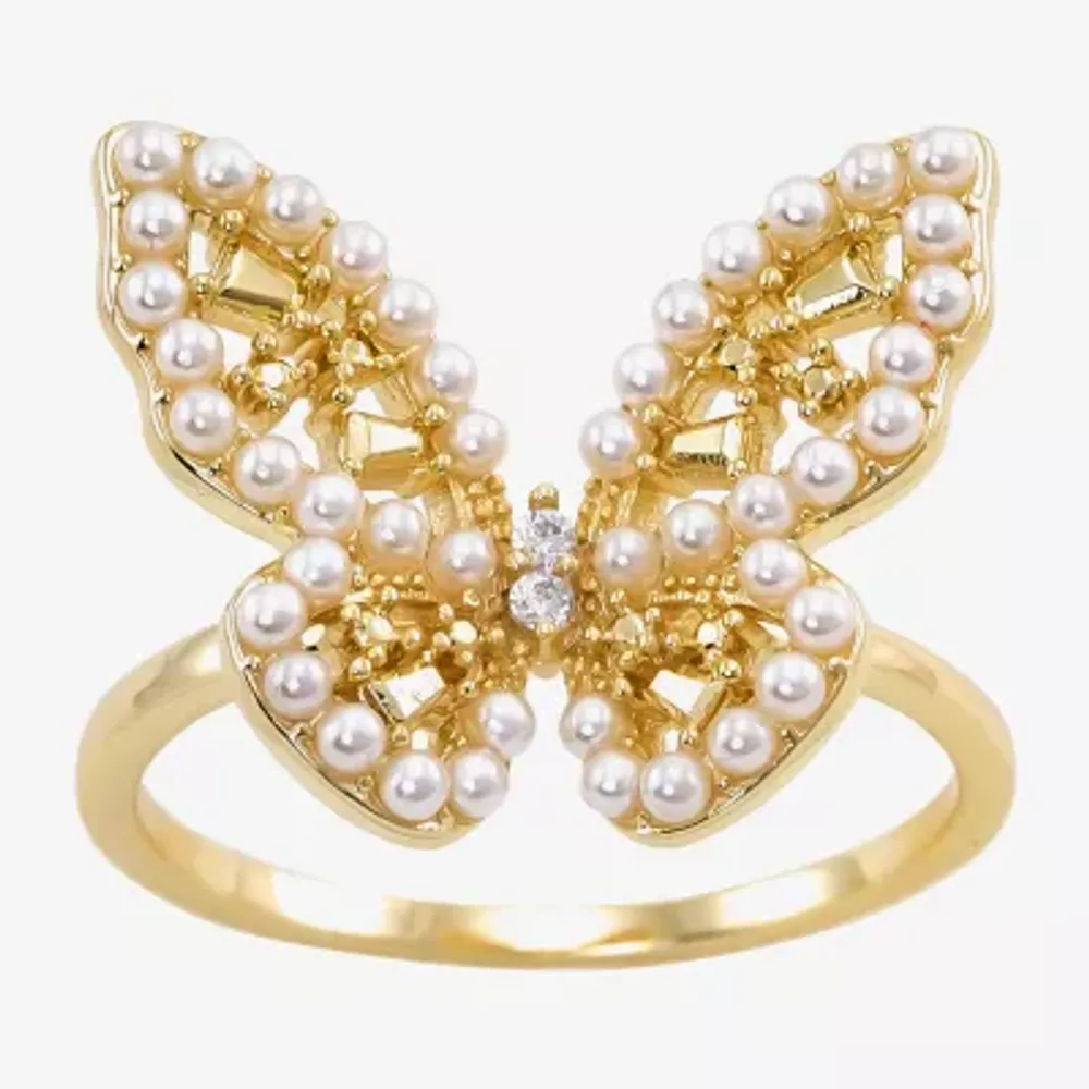 Sparkle Allure Simulated Pearl 14K Gold Over Brass Butterfly Cocktail Ring