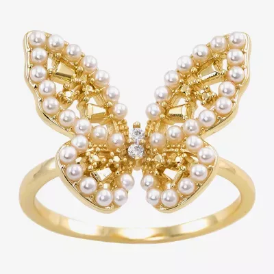 Sparkle Allure Simulated Pearl 14K Gold Over Brass Butterfly Cocktail Ring