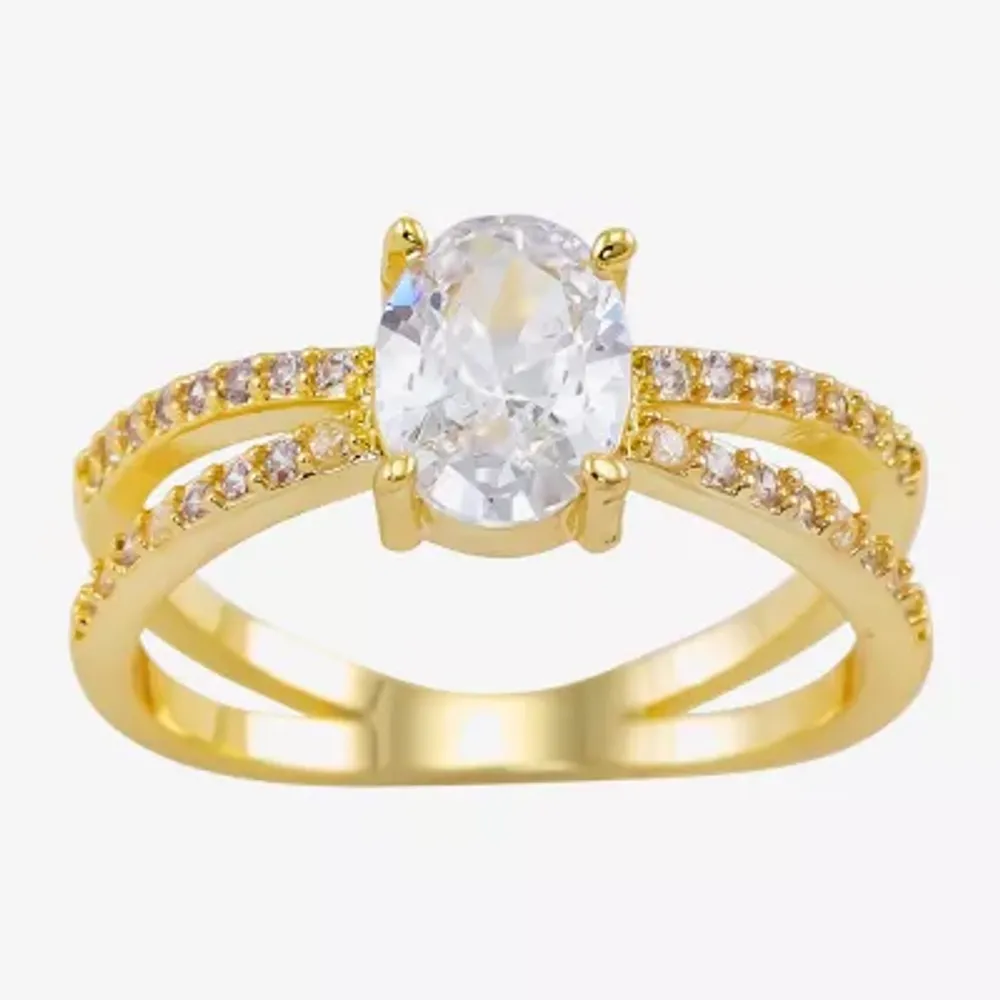 Sparkle Allure Crossover Split Shank Cubic Zirconia 14K Gold Over Brass Oval Engagement Ring