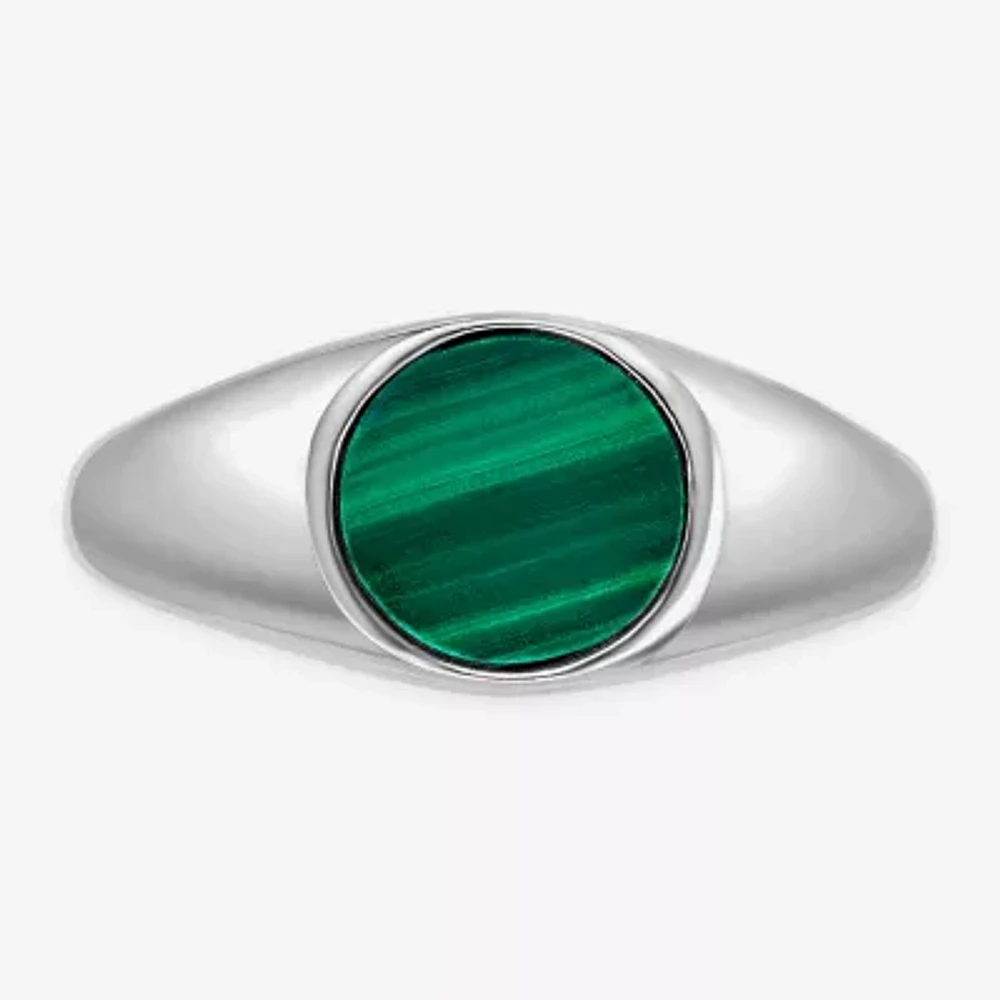 Womens Genuine Green Malachite Sterling Silver Round Cocktail Ring