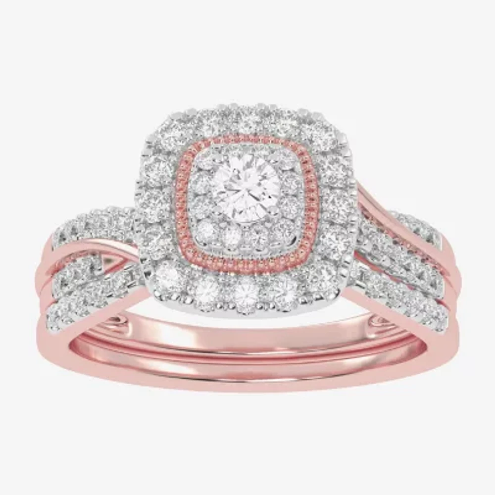 Womens CT. T.W. Natural White Diamond 10K Gold Cushion Side Stone Halo Bridal Set