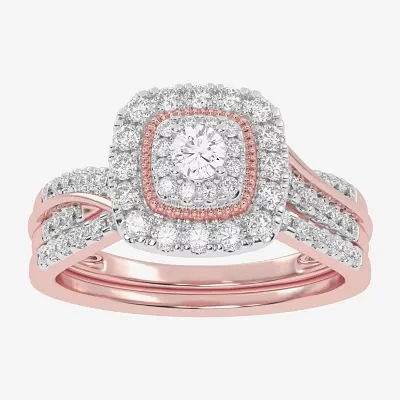 Womens CT. T.W. Natural White Diamond 10K Gold Cushion Side Stone Halo Bridal Set