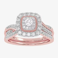Womens CT. T.W. Natural White Diamond 10K Gold Cushion Side Stone Halo Bridal Set
