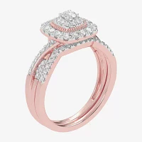 Womens CT. T.W. Natural White Diamond 10K Gold Cushion Side Stone Halo Bridal Set