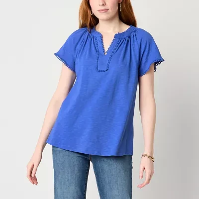 St. John's Bay Tall Womens Split Crew Neck Short Sleeve Blouse