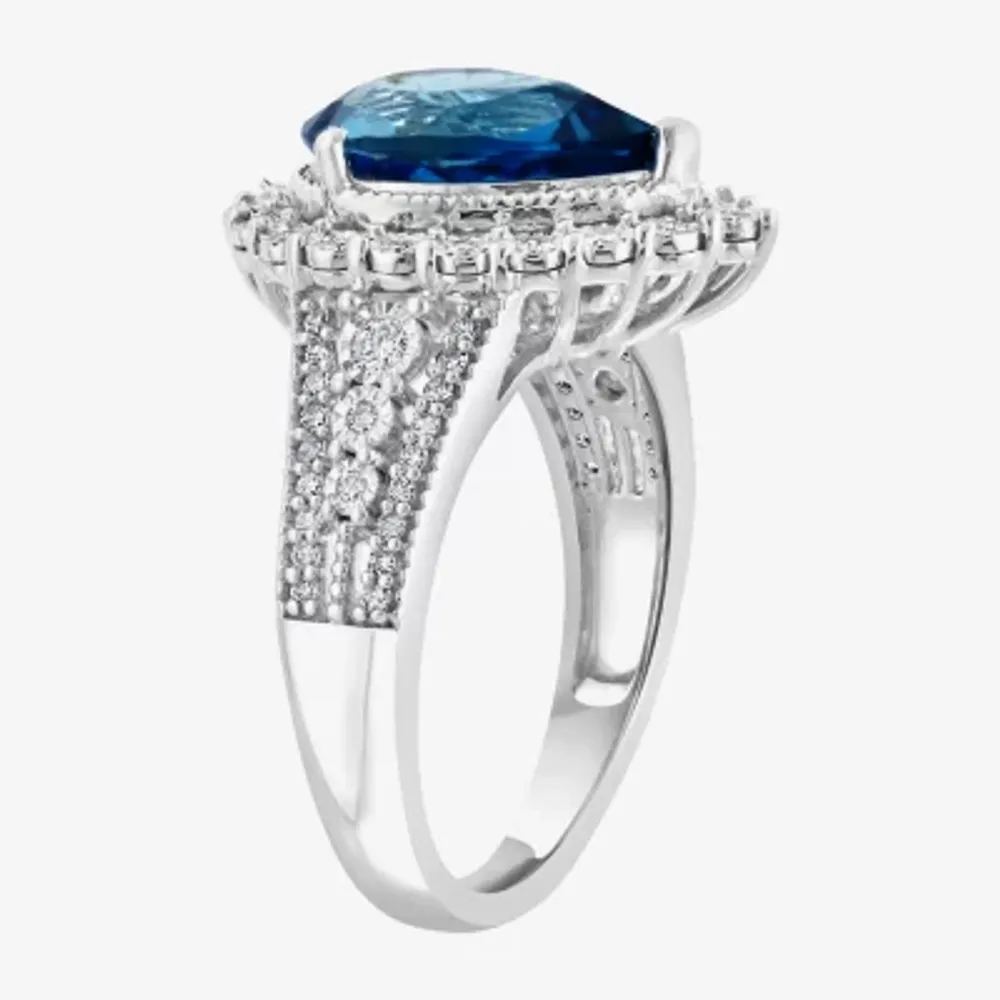 Effy Final Call Womens Genuine Blue Topaz & 1/ CT. T.W. Genuine Diamond 14K White Gold Cocktail Ring