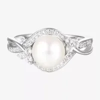 Womens 8-8.5MM Dyed White Cultured Freshwater Pearl Sterling Silver Halo Crossover Cocktail Ring