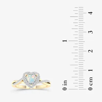 Womens Genuine Opal & 1/6 CT. T.W. Diamond 10K Gold Heart Halo Crossover Cocktail Ring